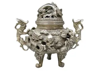 15 CM Kitajsko srebro handwork vklesan lepa censer devet zmaj kadila gorilnik Kip