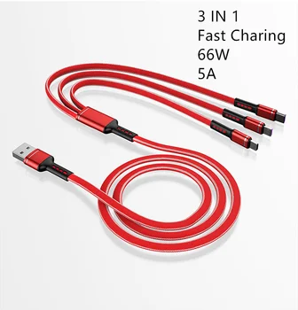 3 v 1, USB Kabel za Polnjenje 5A 66W za Huawei Samsung Xiaomi Prenosni Micro USB Tip-C Kabel napajalni Kabel Za iPhone 14 13 12 Pro
