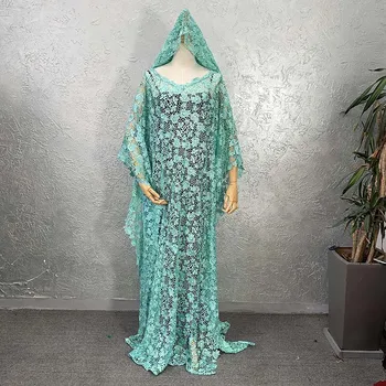 Afriški Stil Abaya Obleke Za Ženske Dashiki Guipure Čipko Votlih Iz Zeleno Obleko Maxi Haljo + Notranjo +Turban Sklop 3 Kos Obleke