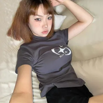Grunge Natisni T-majice Hrajuku Kawaii Y2k Tshirt 00s Japonski Kratek Rokav Tee Shirt E-dekle Fairycore Vrhovi korejski Moda y2k