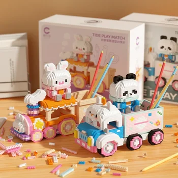 Kawaii Panda Avto Slika Gradniki Sestavljenih Risanka Zajec Svinčnik Imetnik Mini Micro Opeke Model Igrače Za Otroke Božično Darilo