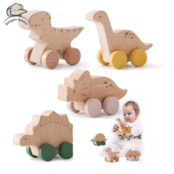 Lesene Baby Dinozaver Pushcart Bpa-free Bukev Otroška Igrača Avto Montessori Igrače Vrtec Dekoracijo Roko Usklajevanje Igrače, Ročno izdelane Darilo