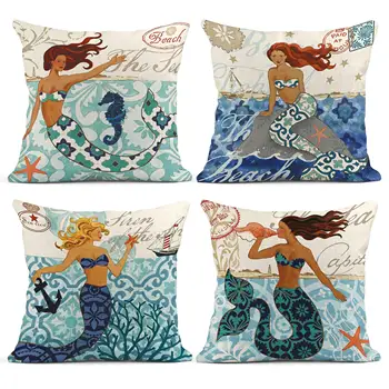 Modra navtičnih ocean morska deklica perilo, prevleke kavč, blazine kritje doma dekoracijo lahko meri za vas 40x40 50 x 50 60x60