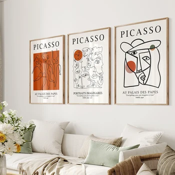 Nevtralno Bež Picasso Line Wall Art Estetike Orange Woman Obraz Ples Platno Slikarstvo Nordijska Plakat in Tiskanje Dnevna Soba Dekor