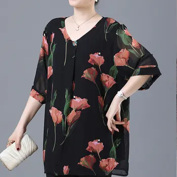 Pomlad Poletje Tanke Kratek Rokav Puloverji ženska Oblačila 2023 Black O-vratu Tisk Svoboden Priložnostne Preprostost Cvetlični T-Majice