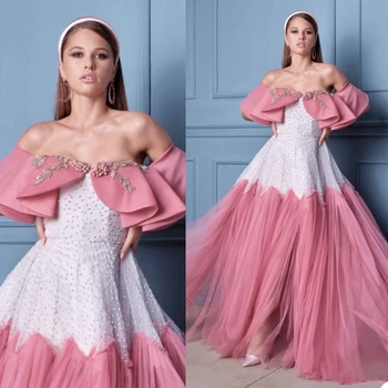 Princesa Roza Linija Prom Obleke Kroglice Appliqued Off Ramenski Večerne Dubaj Arabski Zamah Vlak Meri Izdelan Program Pageant Obrabe