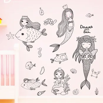 Risanka morska deklica Stenske Nalepke otroška Spalnica, Kopalnica Morskih Živali Ustvarjalne Stene Decals je Nepremočljiva Plakati