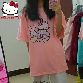 Sanrio Kawaii Hello Kitty Majica za Ženske, Risanka Tiskanja Grafika Tees Vrhovi Svoboden Priložnostne Harajuku Poletje Kratek Rokav T-shirt Goth