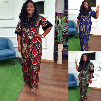 Sequins Afriške Dolge Obleke za Ženske 2023 Tradicionalnih Nigerija Cvet Tiskanja Režejo Caftan Obleko Abaya Musulman Haljo Femme Oblačila