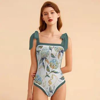 Vintage Kvadratnih Vratu En Kos Kopalke 2023 Hydrangea Cvet Tiskanja Bikini Lok Suspender Plaža Obleko Velikosti Elegantno Kopalke