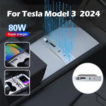 Za Tesla Model 3+ 2024 Razširitveno Postajo 80W Hitri Polnilnik USB LED Vzporedni Hub Podaljšek sredinske Konzole 4 Vrata Smart Sensor