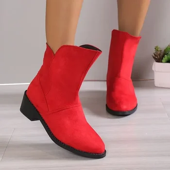 Zahodni Čevlji za Ženske 2023 Jeseni, Pozimi Novo Faux Antilop Ženske Čevlje Preprosto Elegantno Rdeče Kratke Čevlji na Prostem Priložnostne Lady Čevlji